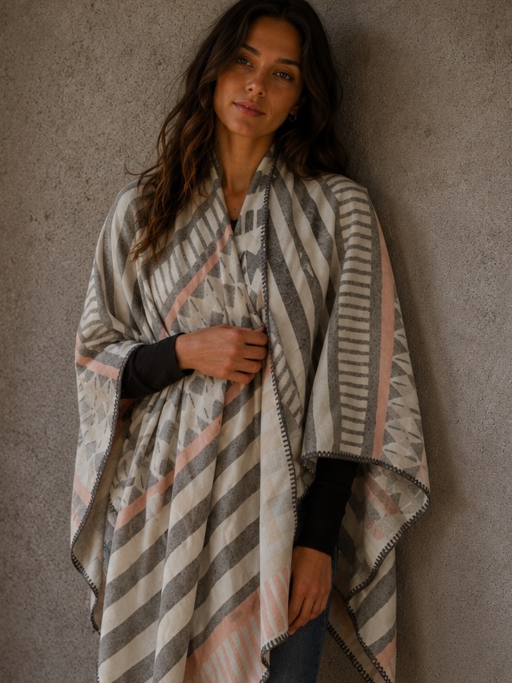 Alexa Rose Geometric Boho Ruana Poncho Wrap Blush Gray Cream One Size